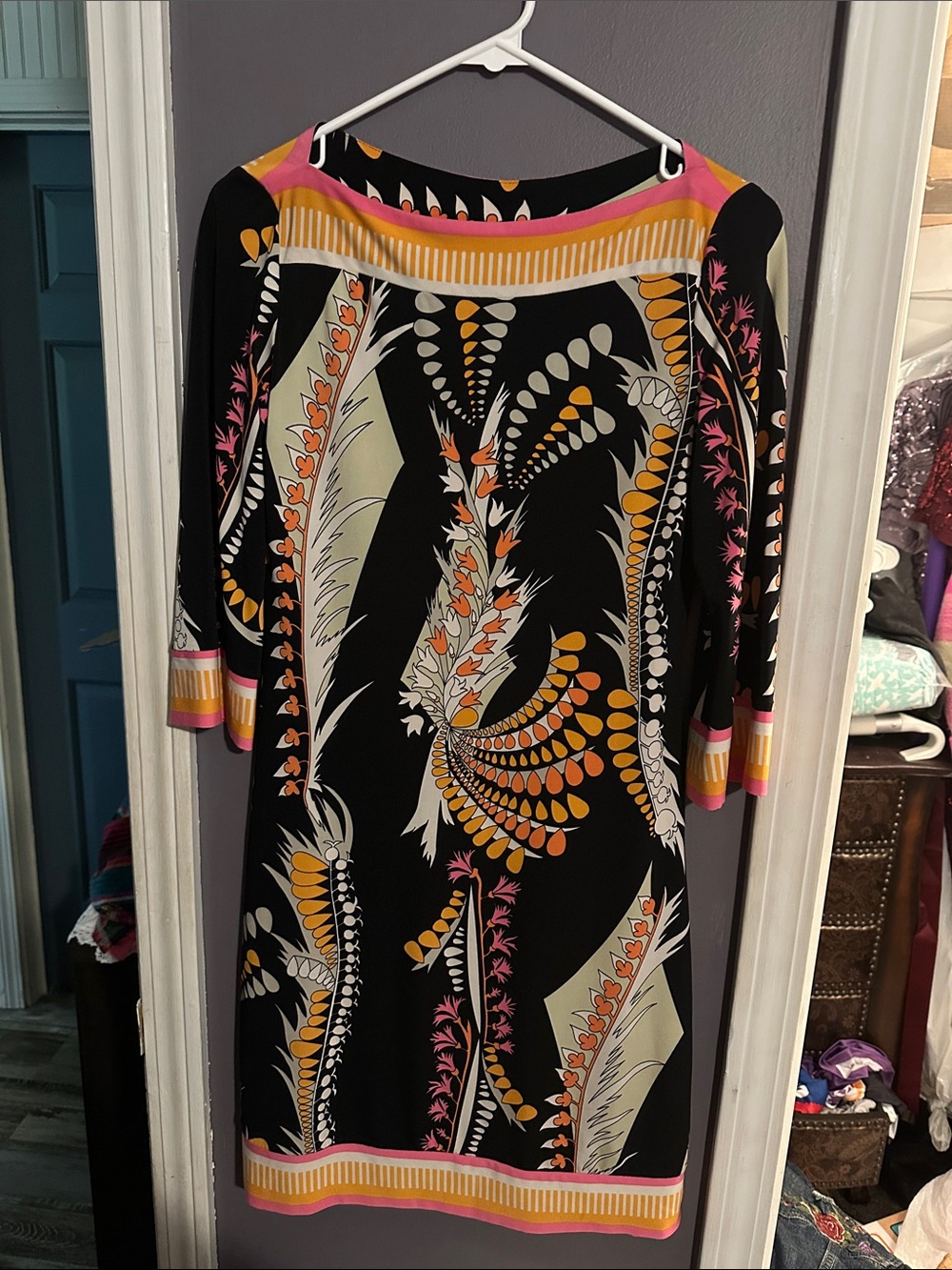 Ali Ro Black Long Sleeve Sheath Dress with Pink & Yellow Pattern